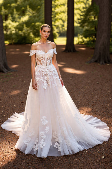 Off The Shoulder White Appliqued A Line Wedding Dress
